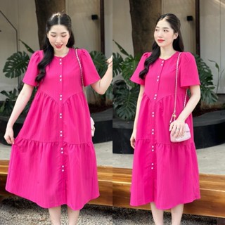 Váy babydoll, đầm bầu cúc dọc cổ tròn tay ngắn chất đũi xốp gân dáng dài mặc thời trang công sở 4 màu