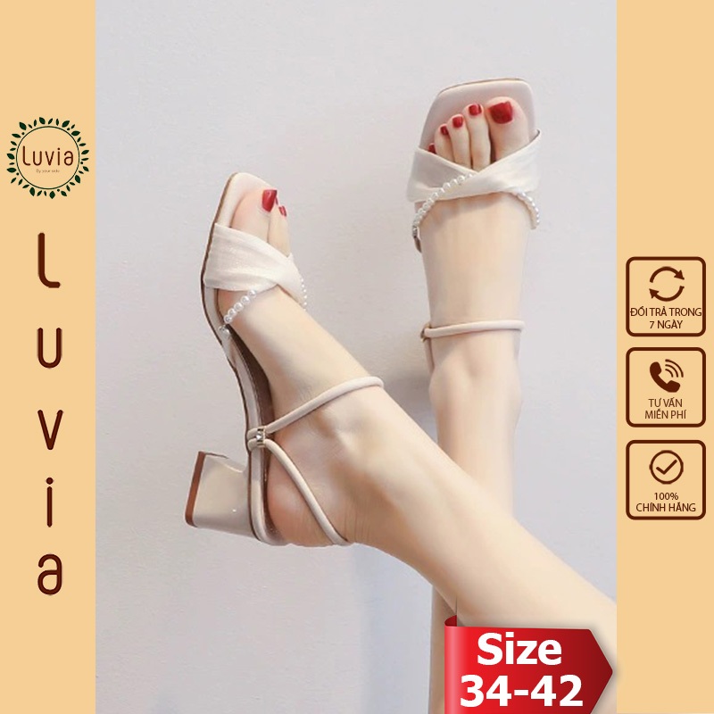 Giày cao gót 5 phân sandal quai phối dây ngọc thích hợp đi dự tiệc Luvia 76CG (GIÀY FORM NHỎ -  CHÂN MẬP TĂNG 1 SIZE)