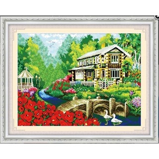 Freeship Tranh thêu chữ thập NGÔI NHÀ -HỒ THIÊN NGA  (29690)68x53cm chưa thêu. (Hàng cao cấp)