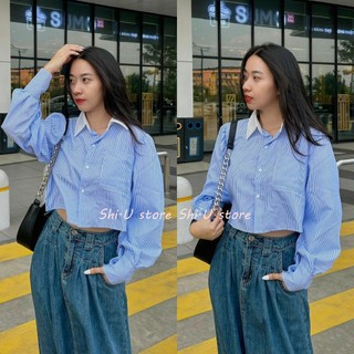 Áo sơ mi nữ dài tay kẻ sọc xanh croptop phối cổ trắng style ulzzang