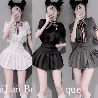 Set bộ áo sơ mi tiểu thư bèo phối viền nơ sọc đỏ + chân váy xếp ly có lót quần