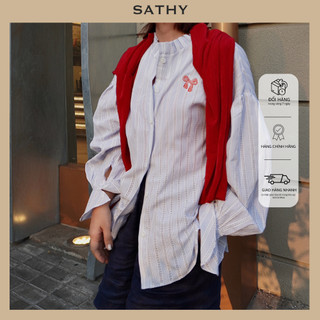 Áo sơmi nữ tay dài cổ trụ Sathy màu sọc vải kate hàn dày - BUMYSHIRT