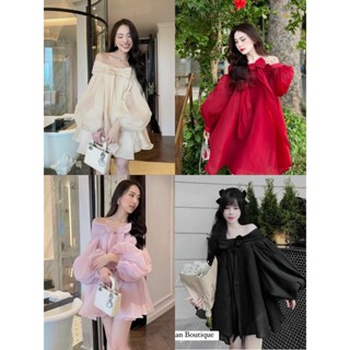 Đầm babydoll tơ nến thời trang nữ nhẹ nhàng áo trễ vai dài tay đính nơ váy ngắn xòe nhẹ nhàng dễ thương