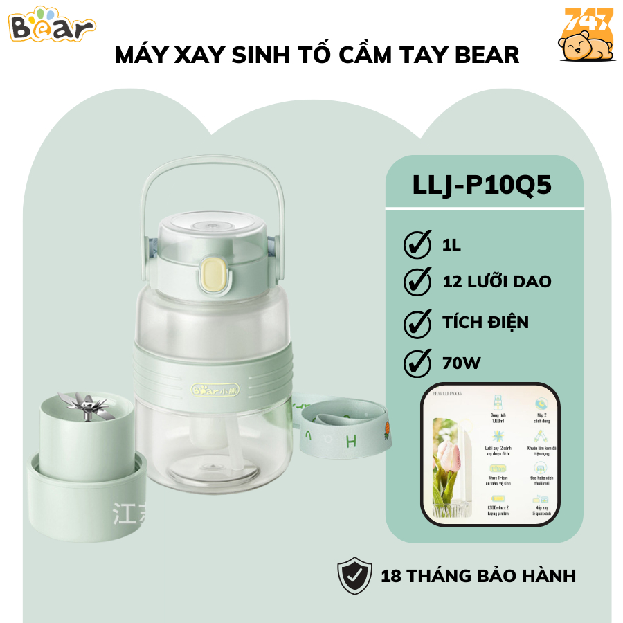 Máy xay sinh tố cầm tay tích điện BEAR LLJ-P10Q5, 1000ML, 70W, cối mini đa năng 12 lưỡi dao, Xay đá, hoa quả ,BH 18 TH