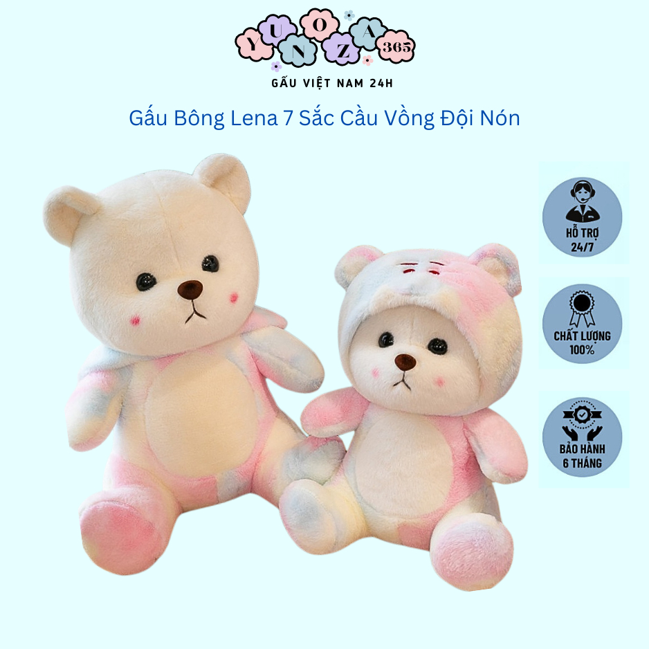 Gấu Bông Lena Loang Đội Nón 7 Sắc Cầu Vồng Đáng Yêu