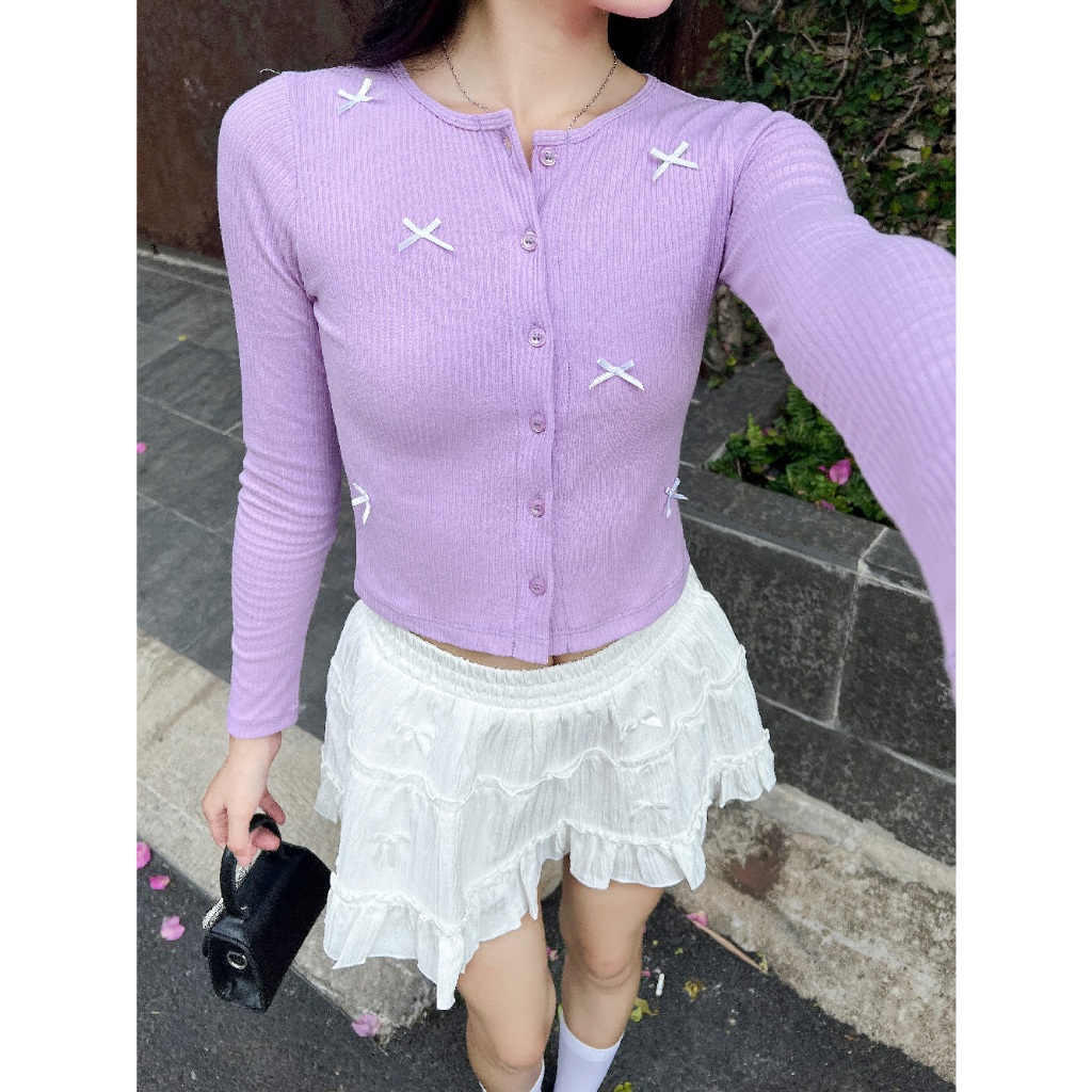 Áo cardigan form lửng tay dài đính nơ random | MOODIE BRAND | BigBuy360 - bigbuy360.vn