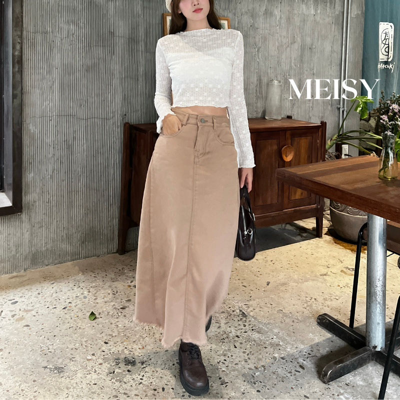 Chân váy dài jean bò dài dáng chữ A cạp lưng cao không co giãn gấu tua màu nâu có chỉnh đai eo Meisy