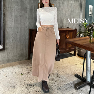 Chân váy dài jean bò dài dáng chữ A cạp lưng cao không co giãn gấu tua màu nâu có chỉnh đai eo Meisy CVDTNAU