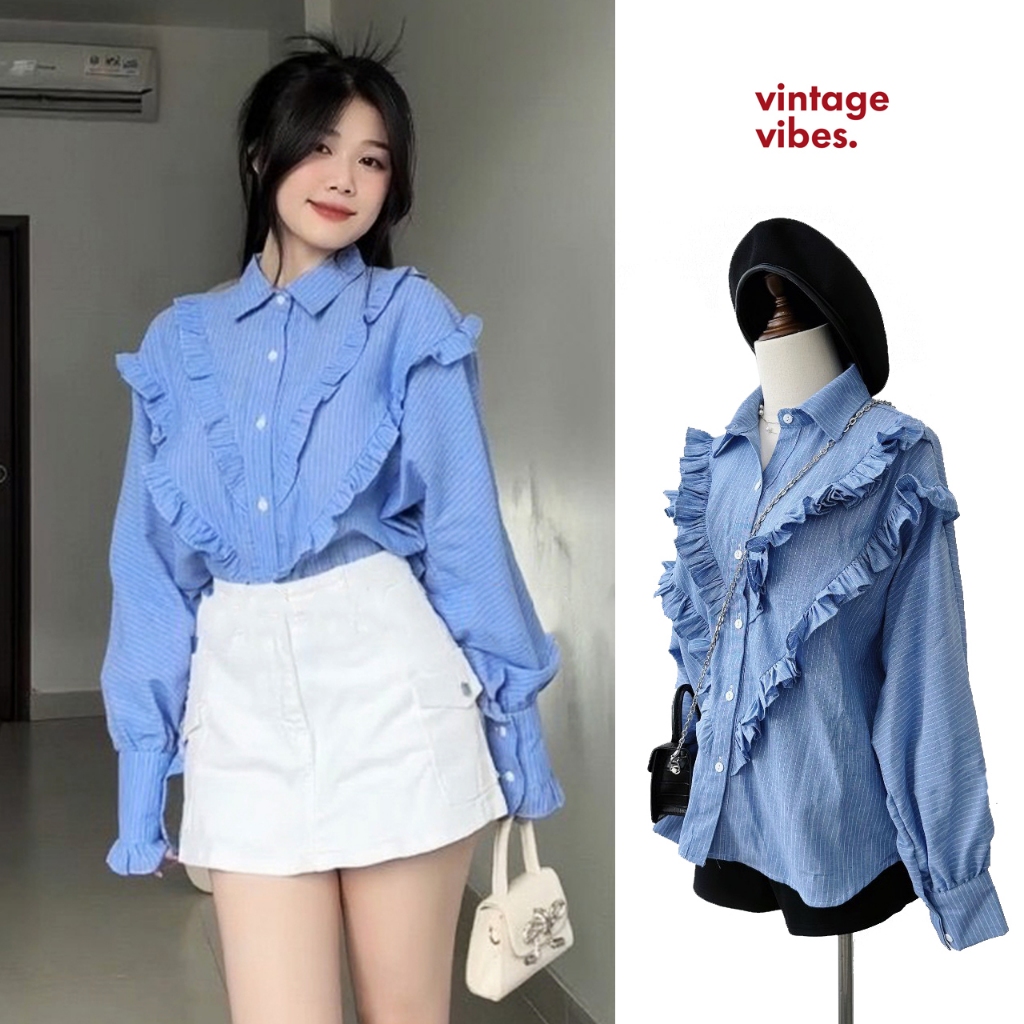 Áo sơ mi kiểu nữ, Áo sơ mi kiểu kẻ sọc cổ đức viền bèo dễ thương