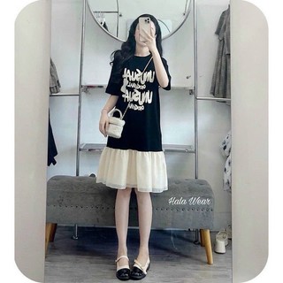 Đầm bầu, váy thun phối voan in chữ đính nơ dáng rộng đuôi cá xoè đi làm đi chơi thanh lịch hai màu
