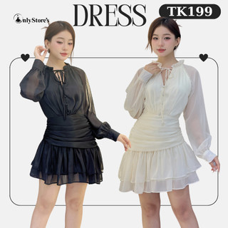TK199 Đầm tiểu thư voan xòe xếp ly tay dài buộc nơ