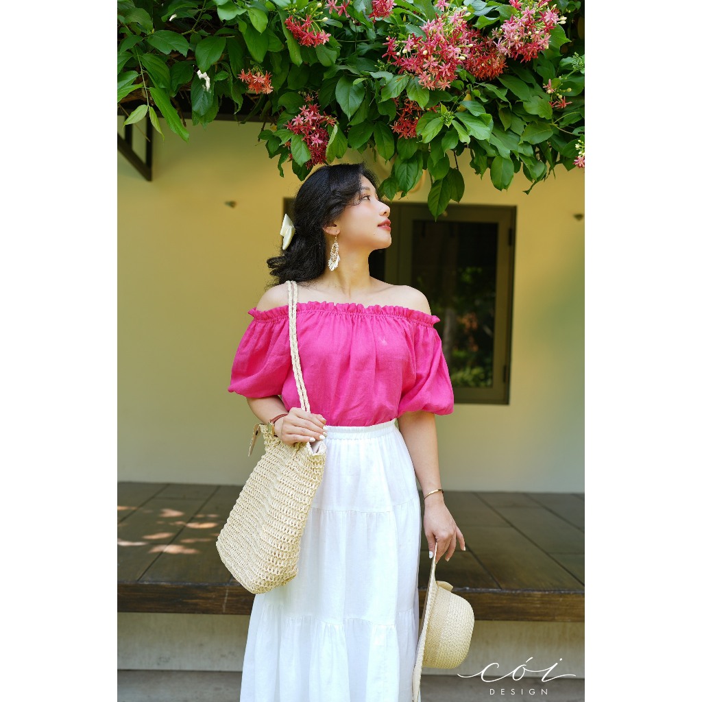 Áo bẹt vai xếp nhún linen Cói Design