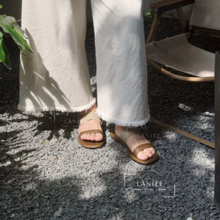 Giày sandal nữ Làniee quai ngang đôi dây gài thanh lịch 2 màu sang chân đế giả da bọc màu nâu tối - LNX02