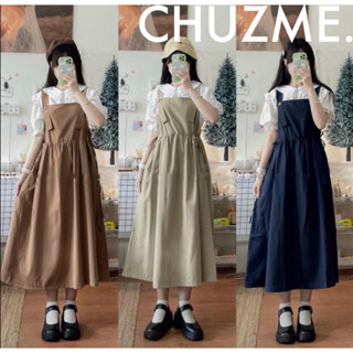Set yếm váy ulzzang rút eo kèm áo sơ mi tay bồng chuzme