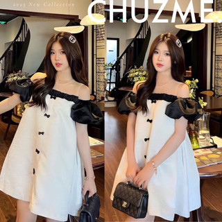 Đầm thiết kế gấm tacta WYN ANH tay bèo phối lưới đính nơ đen