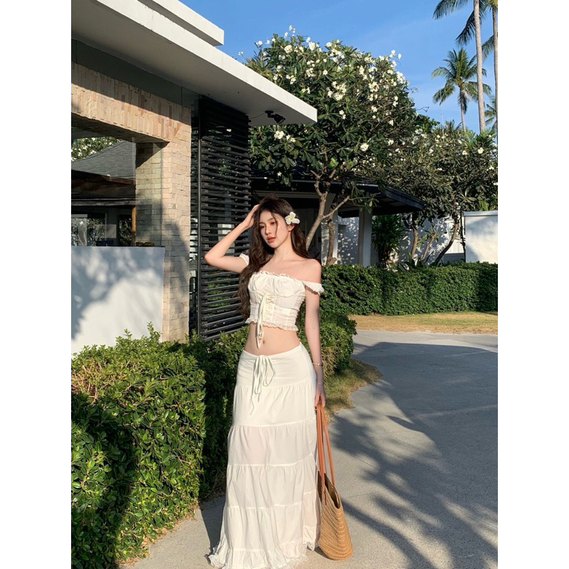 Set đồ đi biển màu trắng TABISHOP Set áo croptop trễ vai phối chân váy dài sang chảnh hottrend mặc hè(11) | BigBuy360 - bigbuy360.vn