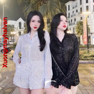 HV - Áo Sơ Mi Nhung Kim Sa dáng giấu quần, Chân Váy Ngắn Kim Sa