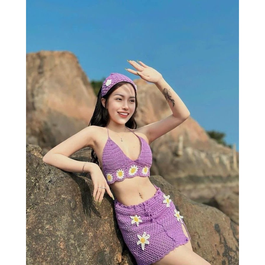 [HÌNH CHÍNH CHỦ] Set bikini len móc tím phối hoa 3 mảnh