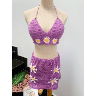 [HÌNH CHÍNH CHỦ] Set bikini len móc tím phối hoa 3 mảnh