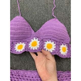 [HÌNH CHÍNH CHỦ] Set bikini len móc tím phối hoa 3 mảnh