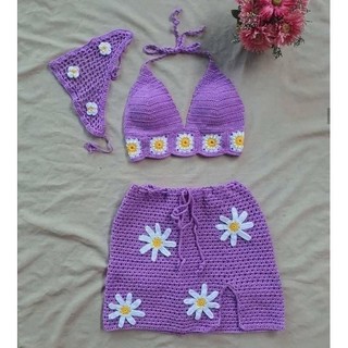 [HÌNH CHÍNH CHỦ] Set bikini len móc tím phối hoa 3 mảnh