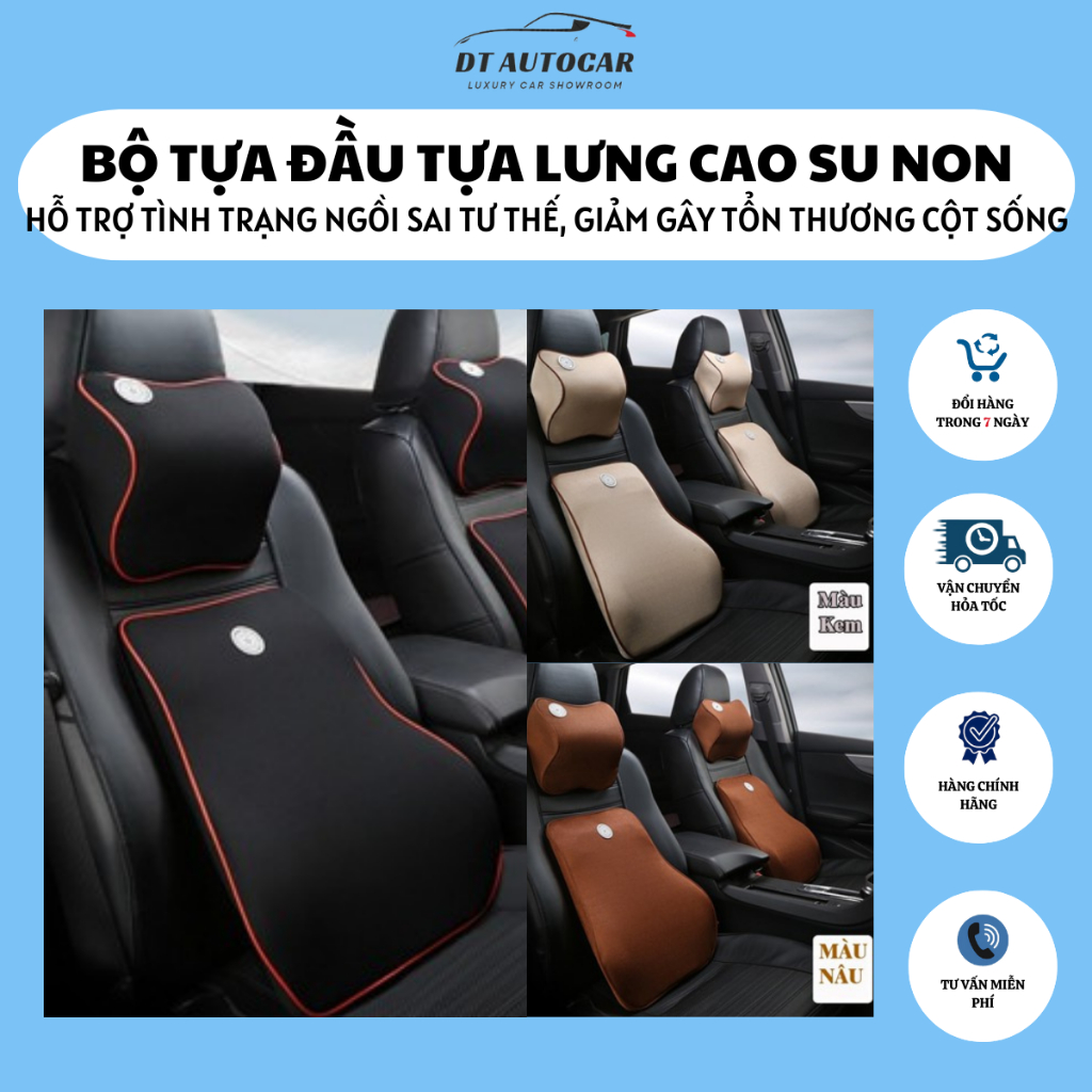 A4 COMBO Bộ Gối Tựa Đầu và Tựa Lưng Cao Su Non Nguyên Khối Cao Cấp Siêu Đàn Hồi Chống Đau Mỏi DT AUTOCAR