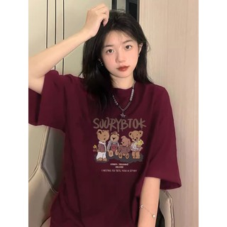 Đỏ mận áo phông nữ form rộng con gấu in ấn cổ tròn 100%cotton áo thun tay ngắn focus local brand