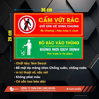 Tem Decal Biển Cấm Đổ Rác, bỏ rác vào thùng, bóc dán Dính Mọi Bề Mặt