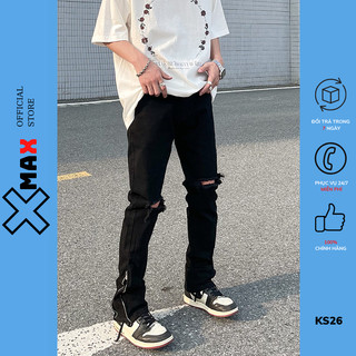 Quần jean nam rách gối khóa zip vá da nhăn XMAX ống đứng dáng slimfit, quần bò rách gối vá da khóa kéo ống côn KS26