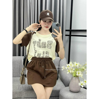 Sét áo be chữ cộc phối tay kèm chân váy nâu cạp chun 2 sọc