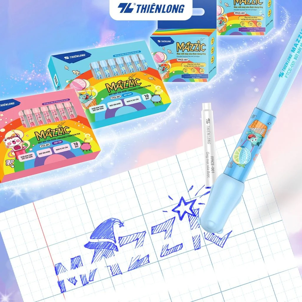 Hộp 10 Ông mực xóa được Mazzic Thiên Long FPICE-001 - Mực không lắng cặn, sử dụng cho bút máy xóa đư