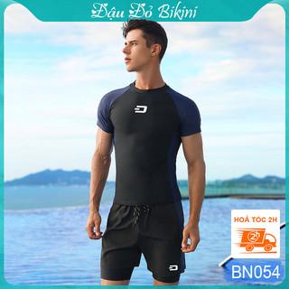Bộ bơi nam quần bơi 2 lớp cao cấp có túi ẩn tiện lợi, áo thun bơi cộc tay nam tính ôm gọn gàng, chất bơi mịn đẹp | BN054