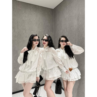 ĐẦM TRẮNG NHÚN EO CỘT NƠ TAY DÀI