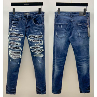 Quần bò nam Amiri xanh vá gối ống ôm chân, quần bò boy phố Amiri xanh vá gối khóa cúc chất co dãn hàng quảng châu  6805