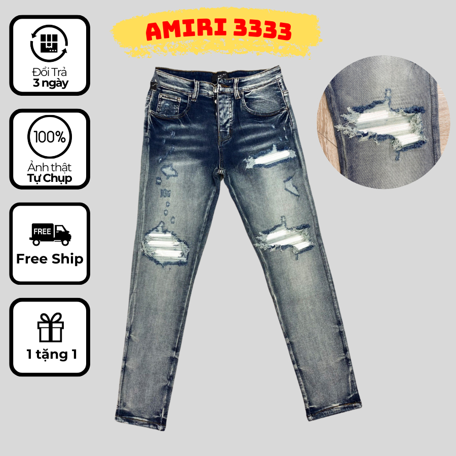 quần jeans Amiri xanh sáng mài gối dáng côn hàng quảng châu,quần bò nam Amiri xanh sáng cháy phố chất denim [3333]