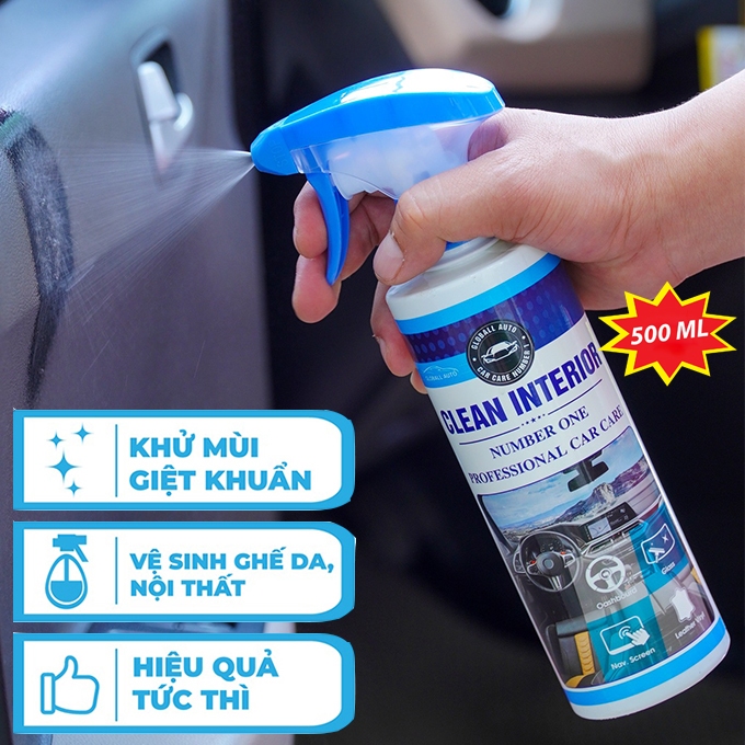 [Kèm Khăn Lau] Chai Xịt Tẩy Rửa Vệ Sinh Nội Ngoại Thất Ô Tô CLEAN INTERIOR 500ml, Làm Sạch Khử Mùi Kính, Ghế Da Nỉ Xe