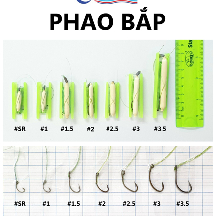 [5 bộ] phao câu cá phao bắp lưỡi tóm sẵn, câu sặc, cá rô, cá lóc, cá trê
