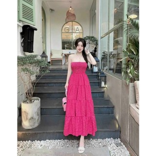 ANZIN Đầm Caro dáng dài xòe tầng họa tiết sọc caro ngọt ngào thời trang cho bạn gái đi biển, du lịch