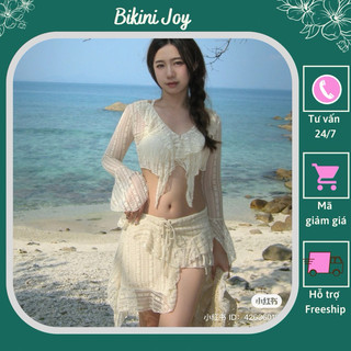Set bikini đi biển tay dài ren 4 món hottrend màu kem
