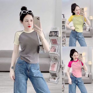 Áo thun nữ baby tee phối màu vai bt22 form body basic đơn giản