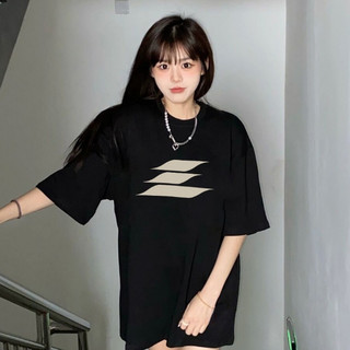 Focus local brand fashion áo phông nữ form rộng Đen in ấn cổ tròn 100%cotton áo thun tay ngắn