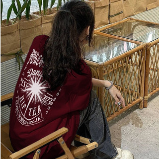 Focus local brand vintage áo phông nữ form rộng Đỏ mận in ấn cổ tròn 100%cotton áo thun tay ngắn