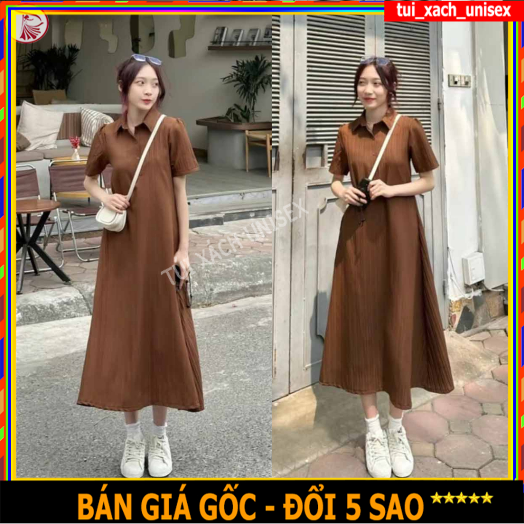 Đầm sơmi suông dáng dài Kèm váy ngủ 2 dây cổ polo chất đũi gân thiết kế dáng sơ mi tay hến form rộng bốn màu kem đen