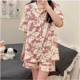 Bộ đồ ngủ pijama nữ cộc tay quần đùi chất lụa Kate Thái mềm mịn màu trắng họa tiết đáng yêu