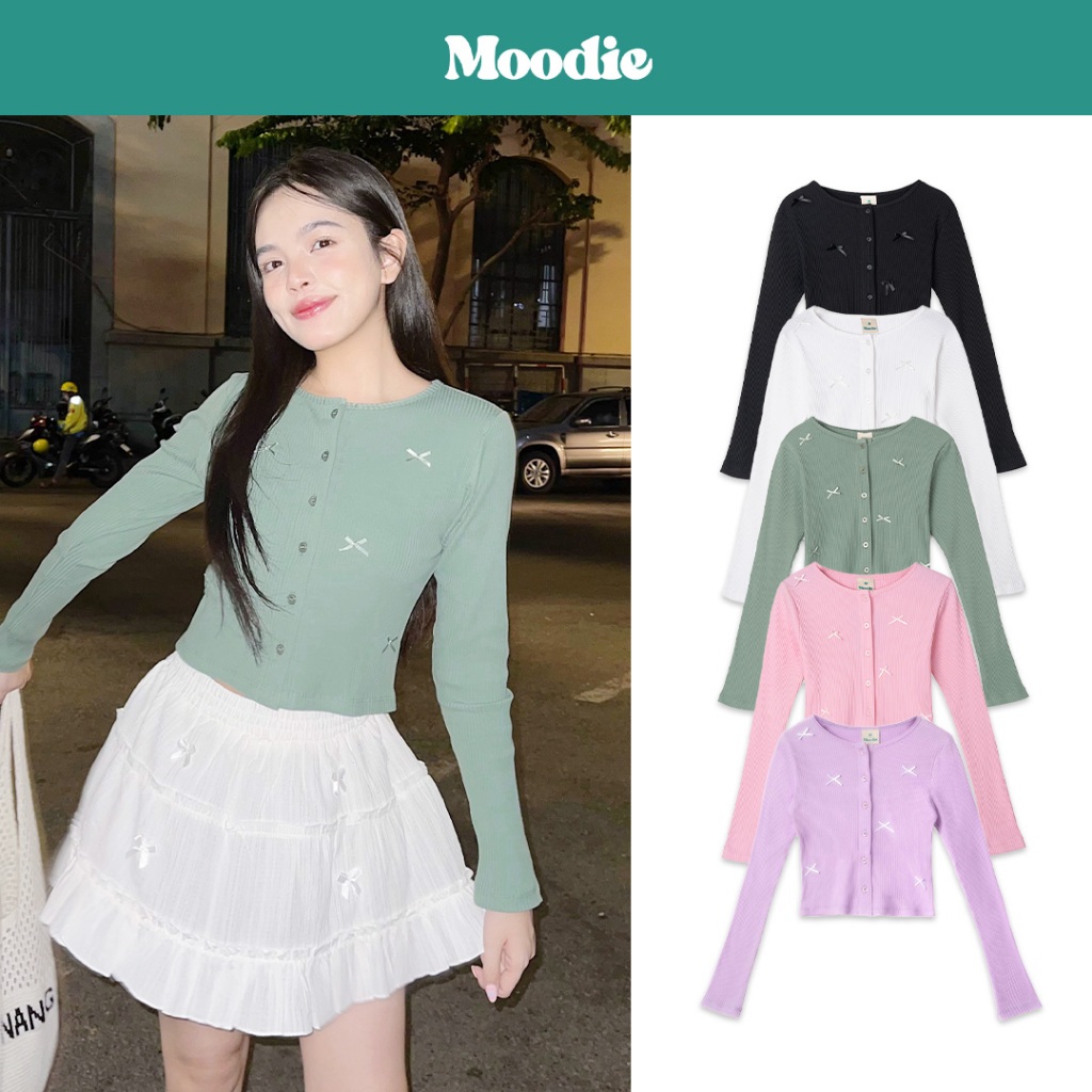 Áo cardigan form lửng tay dài đính nơ random | MOODIE BRAND