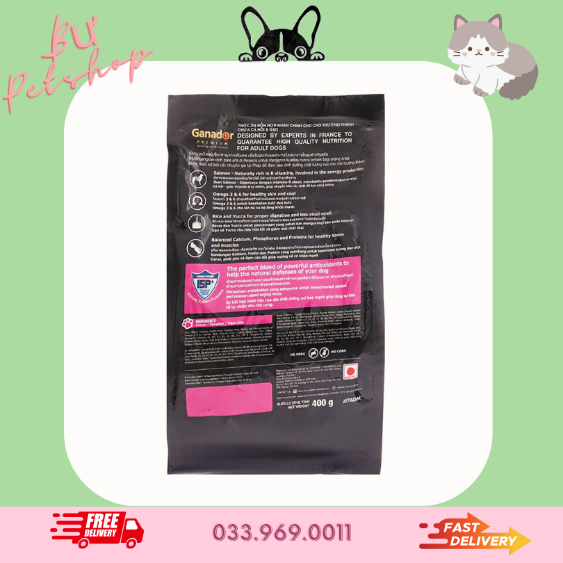 THỨC ĂN CHO CHÓ TRƯỞNG THÀNH GANADOR ADULT VỊ CÁ HỒI CHO CHÓ - 400G