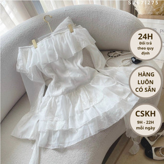 Đầm trắng bẹt vai thêu hoa 711 # 671275