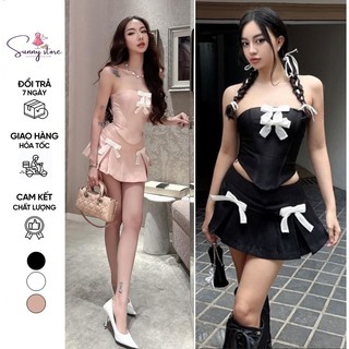 Set áo cúp ngực nhọn đính nơ phối chân váy (SN108)