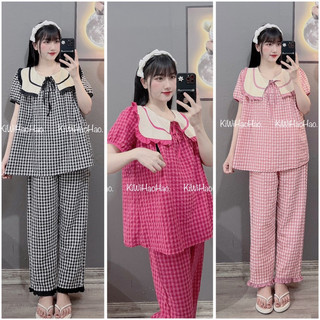 Bộ bầu - bộ sau sinh- BỘ ĐŨI THÁI KẺ QUẦN DÀI ÁO CỘC CỔ LÁ KÈM DÂY BUỘC - 5 màu