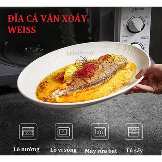 (Sẵn) Đĩa cá vân xoáy Weiss trắng bóng - Đĩa tròn phẳng, đĩa oval sứ hỏa biến Star cao cấp phong cách Bắc Âu